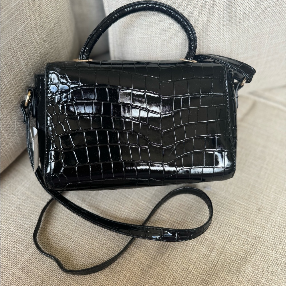 Black croc embossed crossbody bag with top handle - Picture 2 of 10